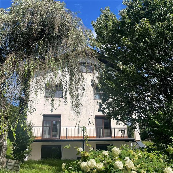 Haus Jura mit Trauerbirke und Hortensien
